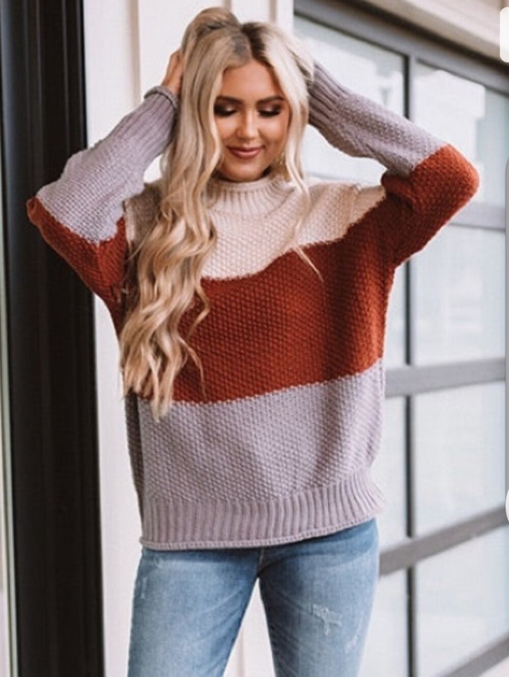 Miracle Colorblock Cowl Sweater - Cream, Rust & dark grey